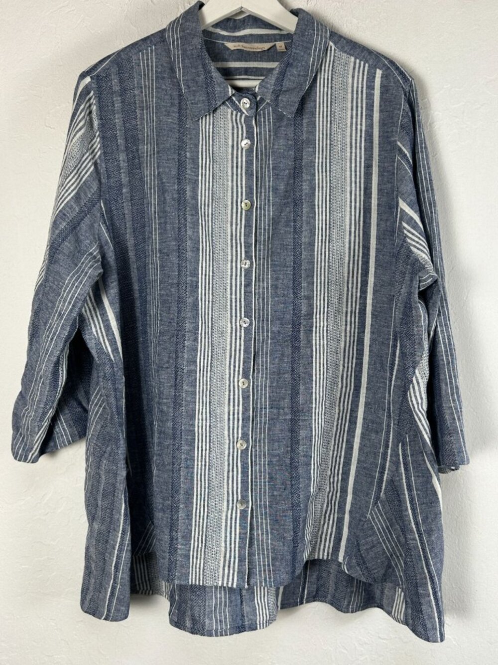Soft Surroundings Blue Striped Linen Cotton Button Down Tunic Shirt Size 1X NWOT